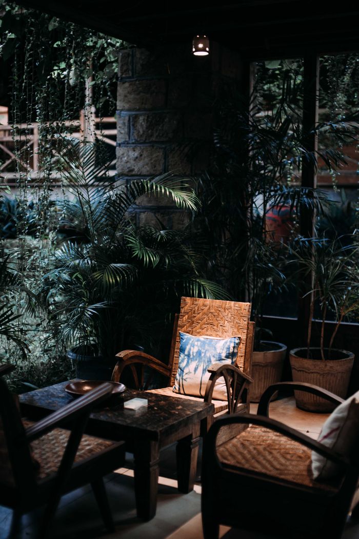 Serene patio featuring wicker chairs, table, and lush plants under ambient lighting.